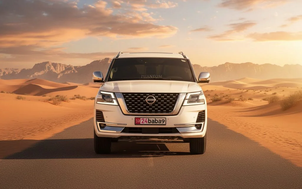 Nissan Patrol 2022 White front view with headlights – rental in Dubai