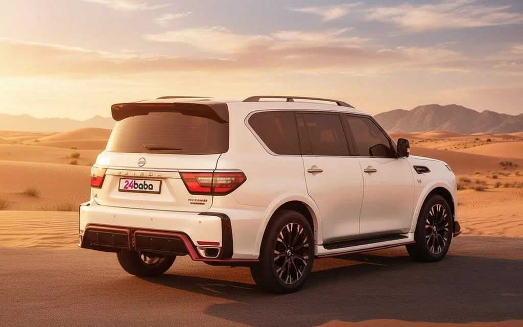 Nissan Patrol 2022 White rear view showing taillights – rental in Dubai