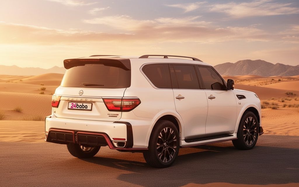 Nissan Patrol 2022 White rear view showing taillights – rental in Dubai