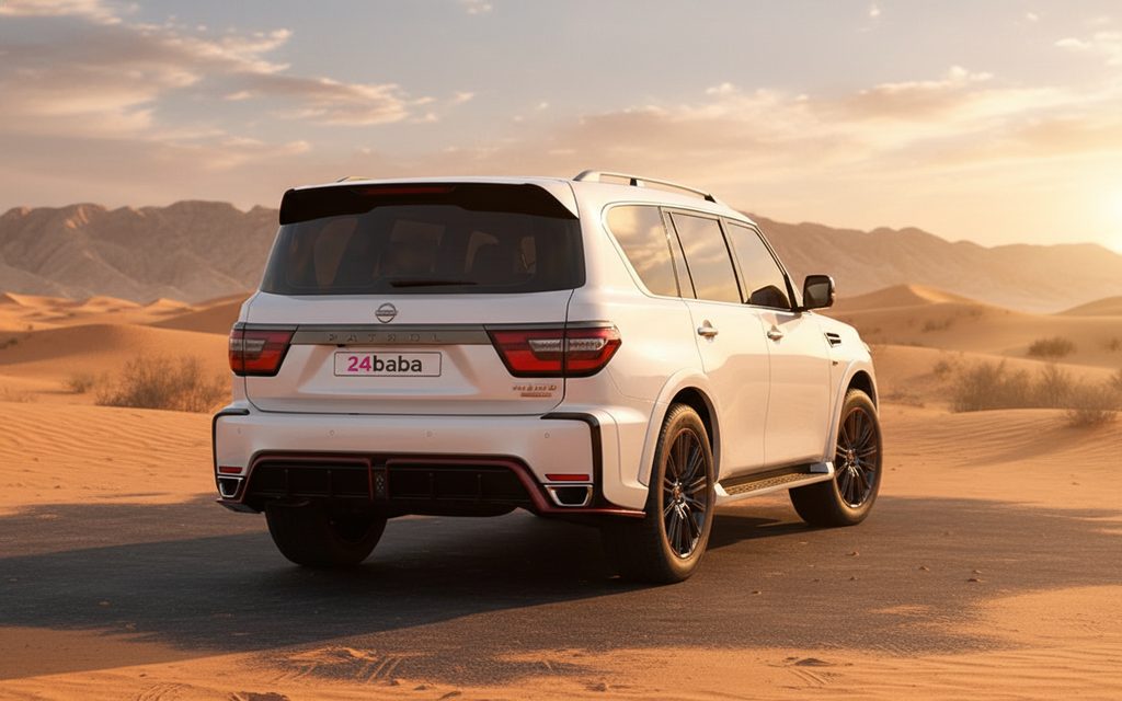 Nissan Patrol 2023 White rear view showing taillights – rental in Dubai