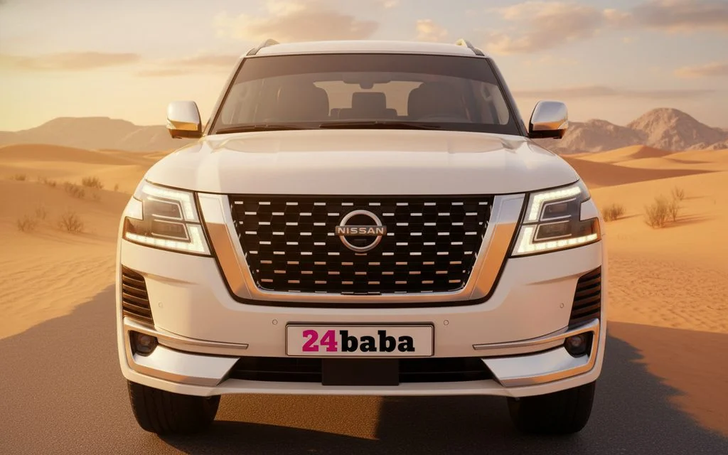 Nissan Patrol 2024 White front view with headlights – rental in Dubai