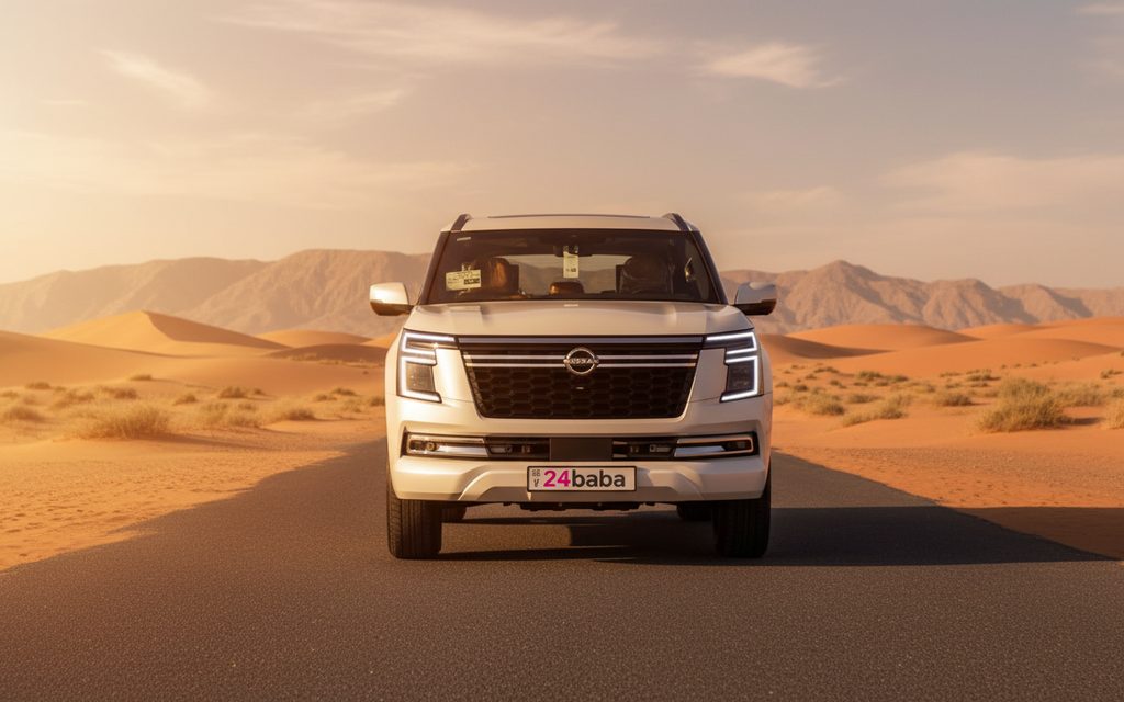 Nissan Patrol 2025 White front view with headlights – rental in Dubai