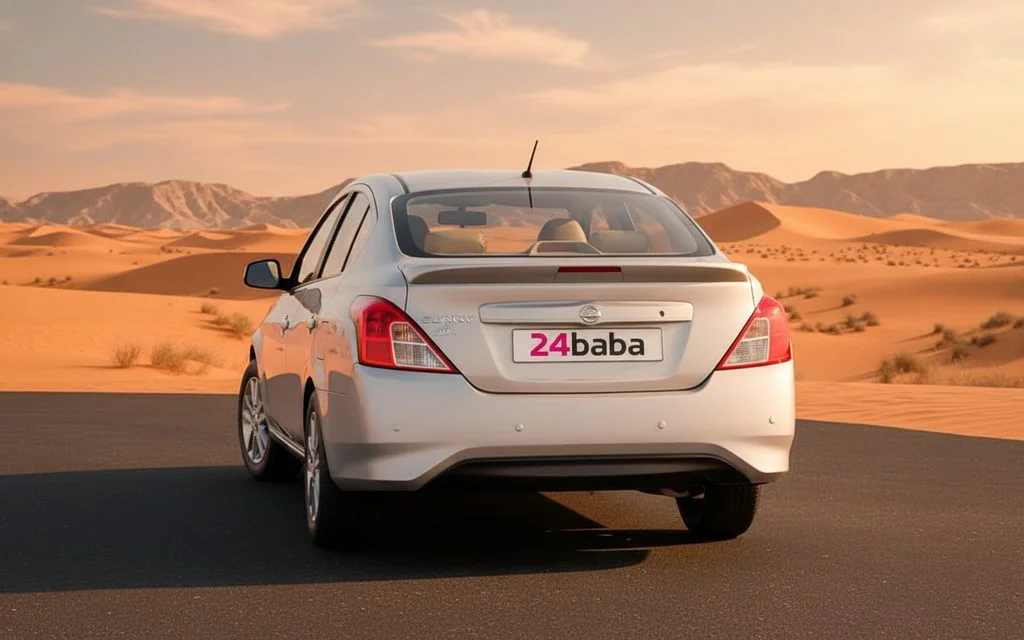 Nissan Sunny 2021 Silver rear view showing taillights – rental in Dubai