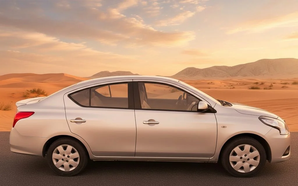 Nissan Sunny 2021 Silver side profile – rental in Dubai