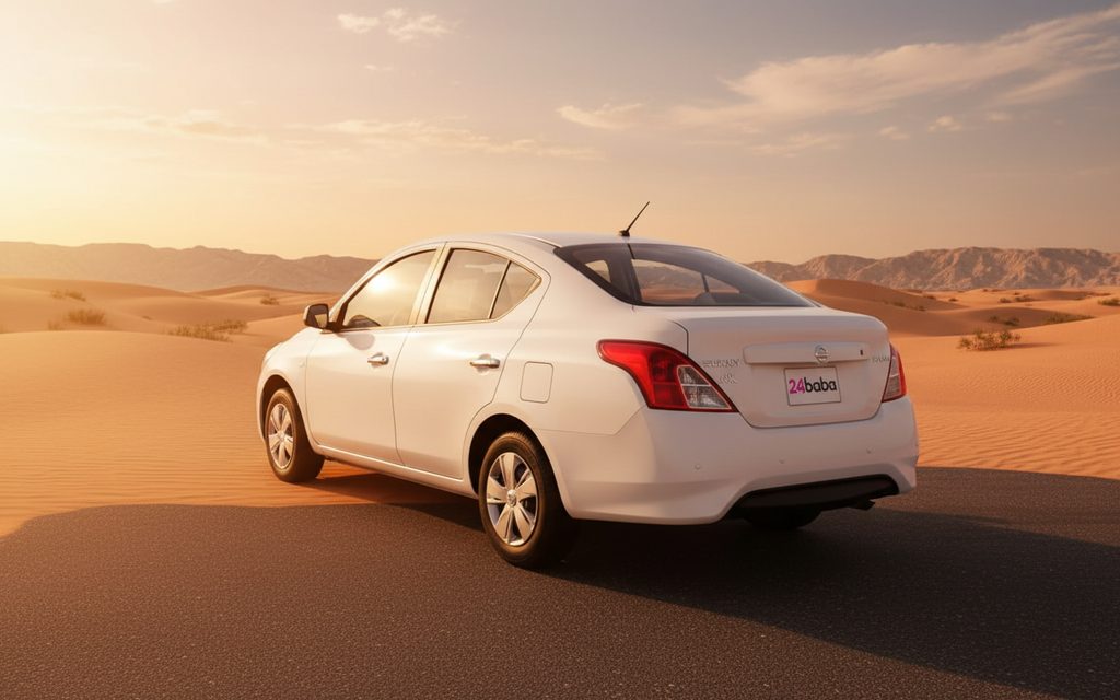 Nissan Sunny 2020 White rear view showing taillights – rental in Dubai