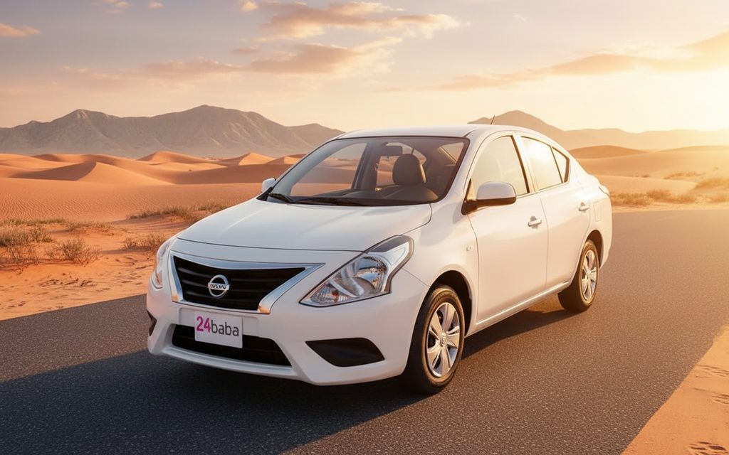 Nissan Sunny 2020 White front view with headlights – rental in Dubai