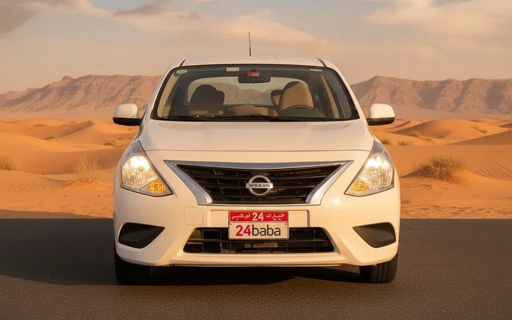 Nissan Sunny 2022 White front view with headlights – rental in Dubai