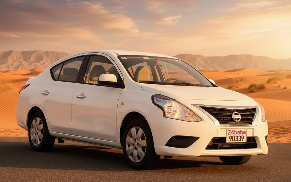 Nissan Sunny 2022 White front view with headlights – rental in Dubai