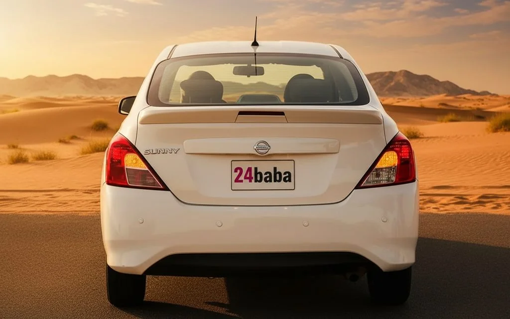 Nissan Sunny 2022 White rear view showing taillights – rental in Dubai