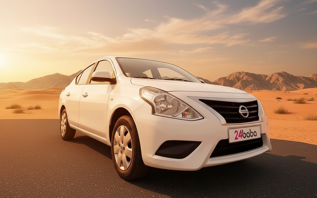Nissan Sunny 2022 White front view with headlights – rental in Dubai