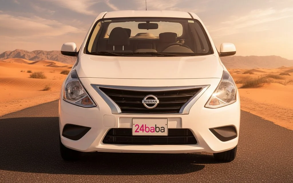Nissan Sunny 2023 White front view with headlights – rental in Dubai