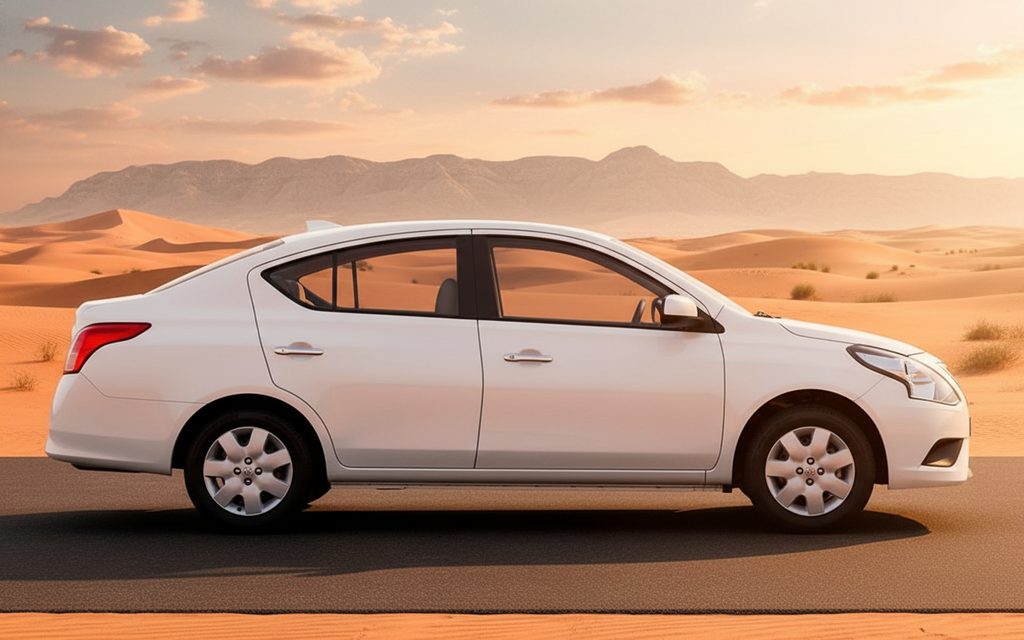 Nissan Sunny 2024 White side profile – rental in Dubai