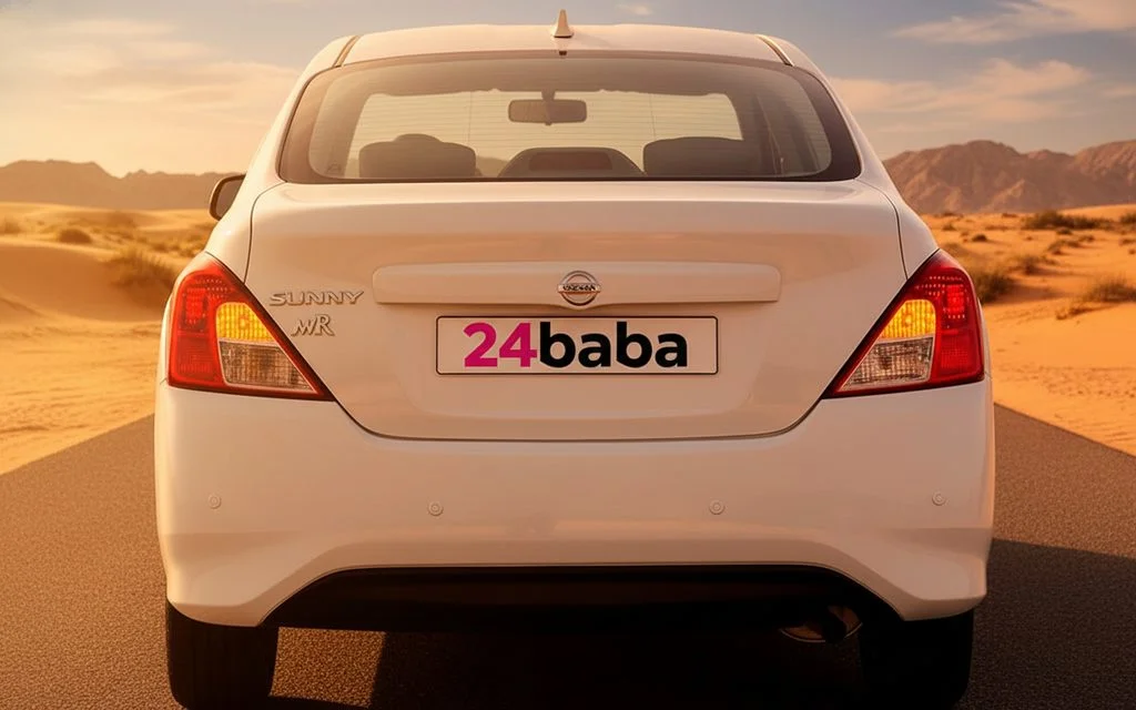 Nissan Sunny 2024 White rear view showing taillights – rental in Dubai