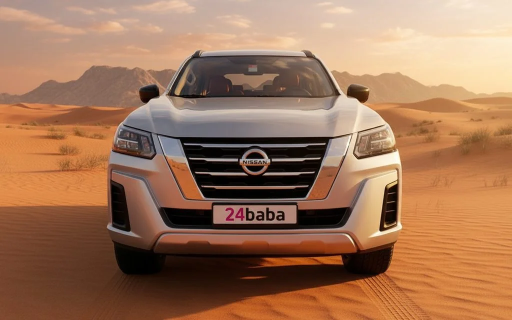 Nissan X Terra 2022 Silver front view with headlights – rental in Dubai