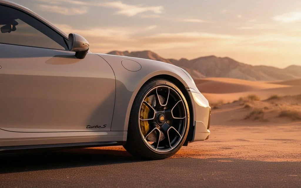 Porsche 911 2021 alloy wheel close up – rental in Dubai