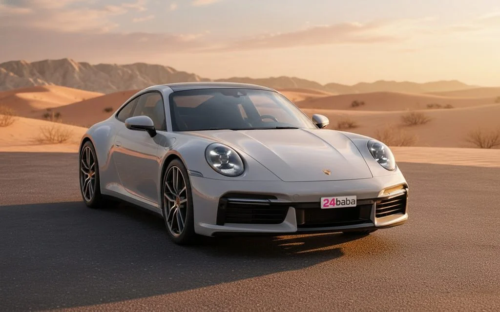 Porsche 911 2021 Grey front view with headlights – rental in Dubai