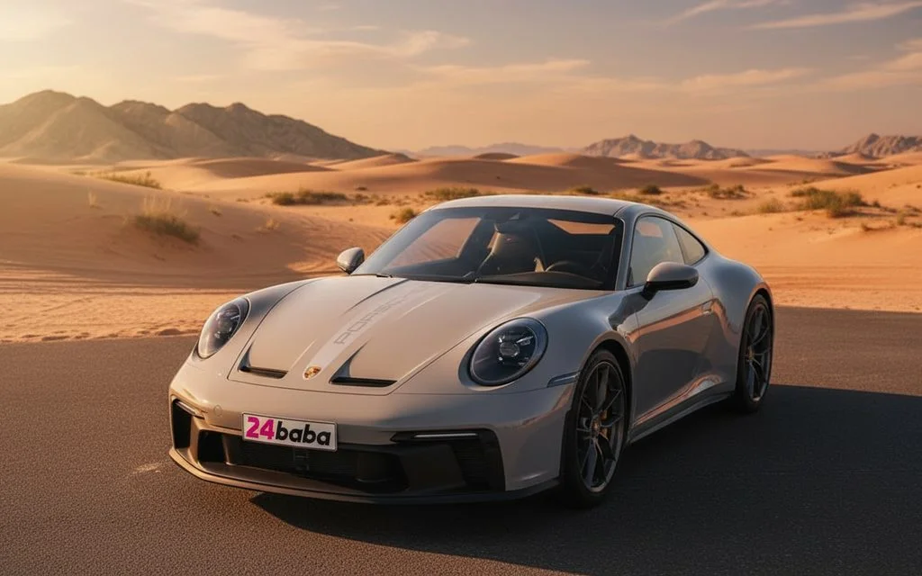 Porsche 911 2024 Grey front view with headlights – rental in Dubai