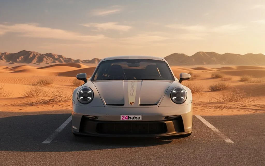 Porsche 911 2024 Grey front view with headlights – rental in Dubai
