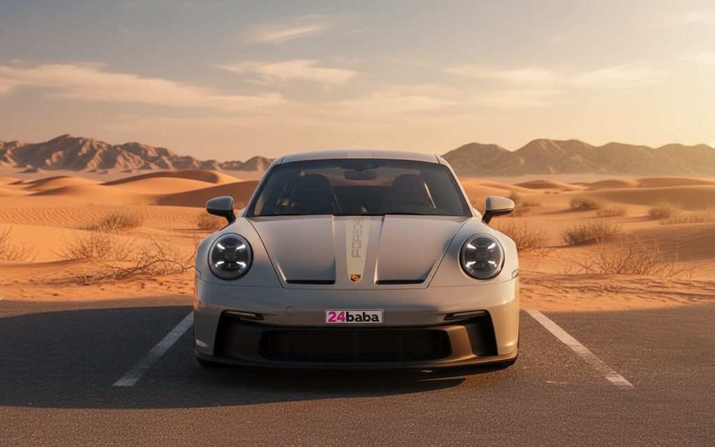 Porsche 911 2024 Grey front view with headlights – rental in Dubai