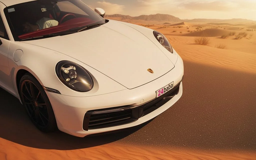 Porsche 911 2023 White front view with headlights – rental in Dubai