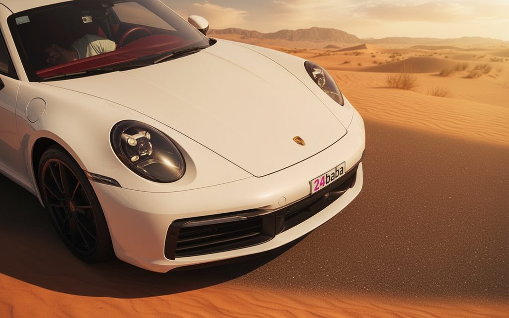 Porsche 911 2023 White front view with headlights – rental in Dubai