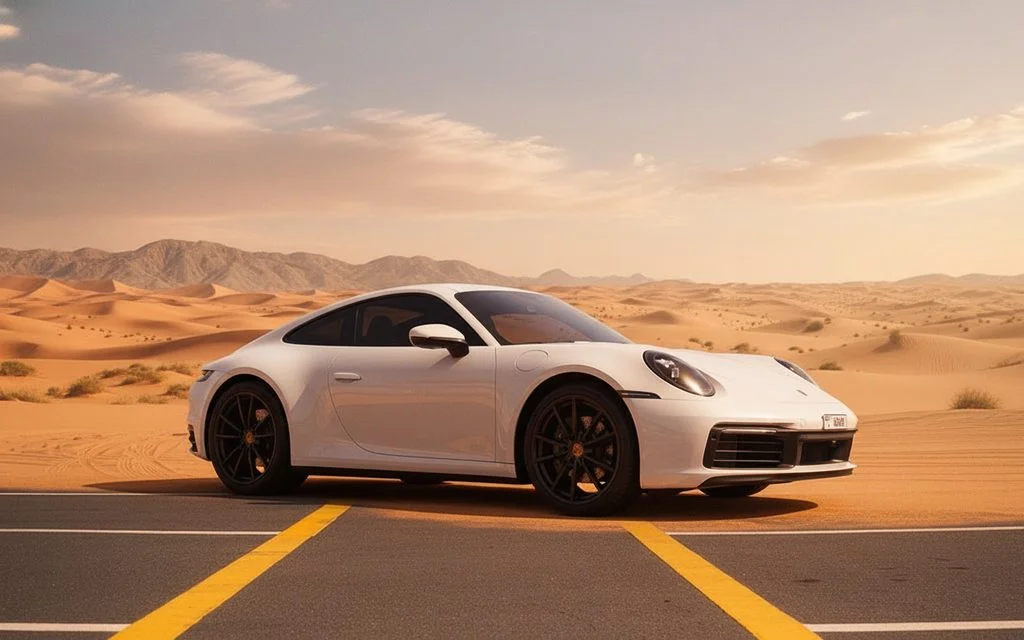Porsche 911 2023 White front view with headlights – rental in Dubai