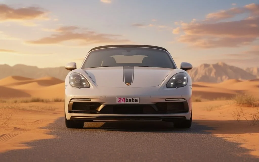 Porsche Boxster 2024 Grey front view with headlights – rental in Dubai
