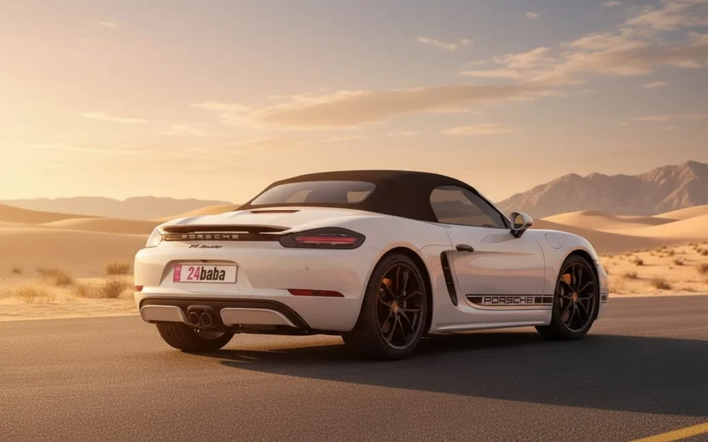 Porsche Boxster 2024 Grey rear view showing taillights – rental in Dubai