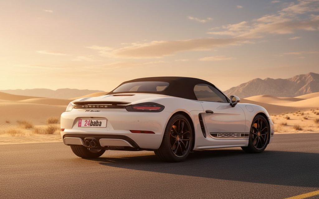 Porsche Boxster 2024 Grey rear view showing taillights – rental in Dubai