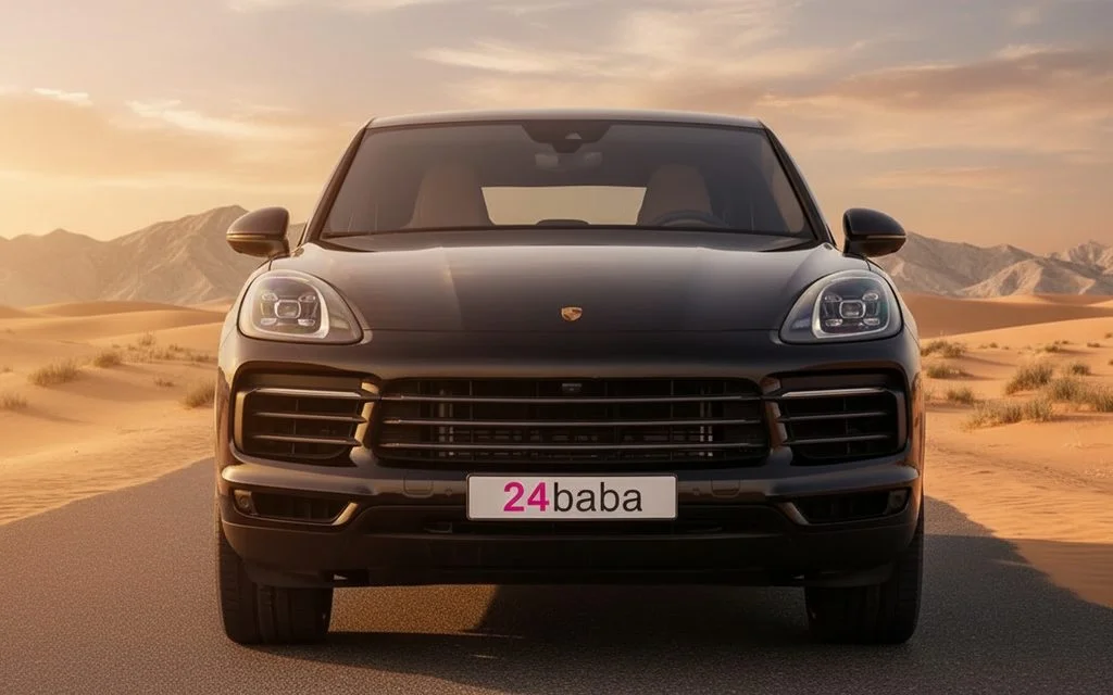 Porsche Cayenne 2022 Black front view with headlights – rental in Dubai