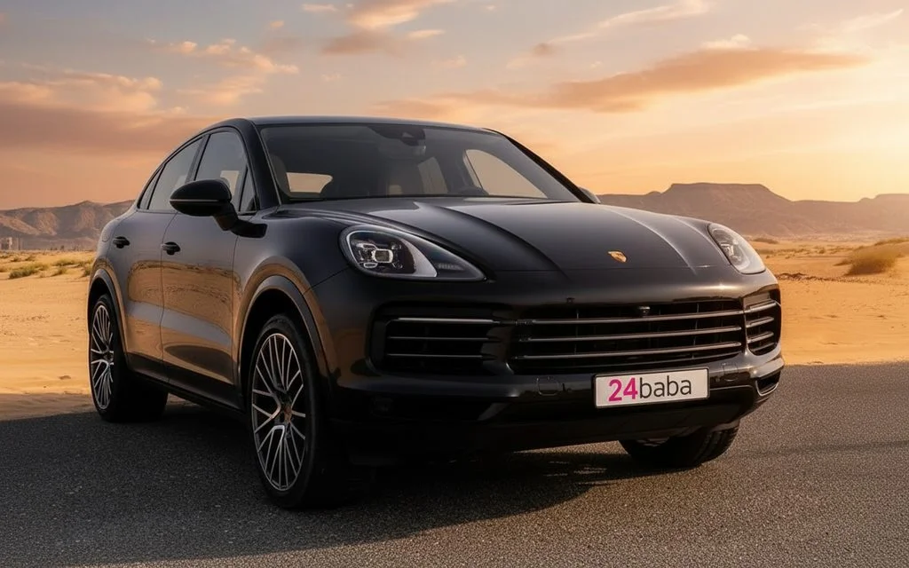 Porsche Cayenne 2022 Black front view with headlights – rental in Dubai