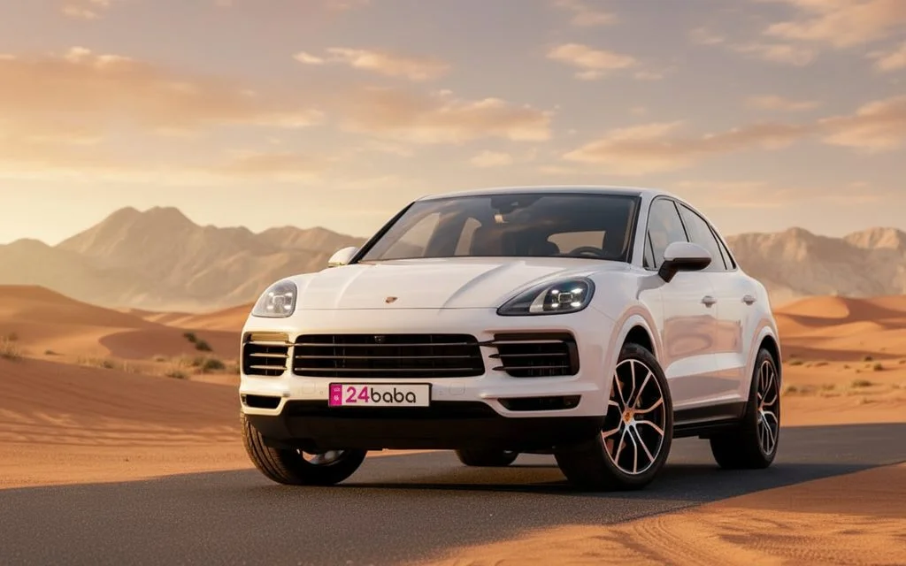 Porsche Cayenne 2023 White front view with headlights – rental in Dubai