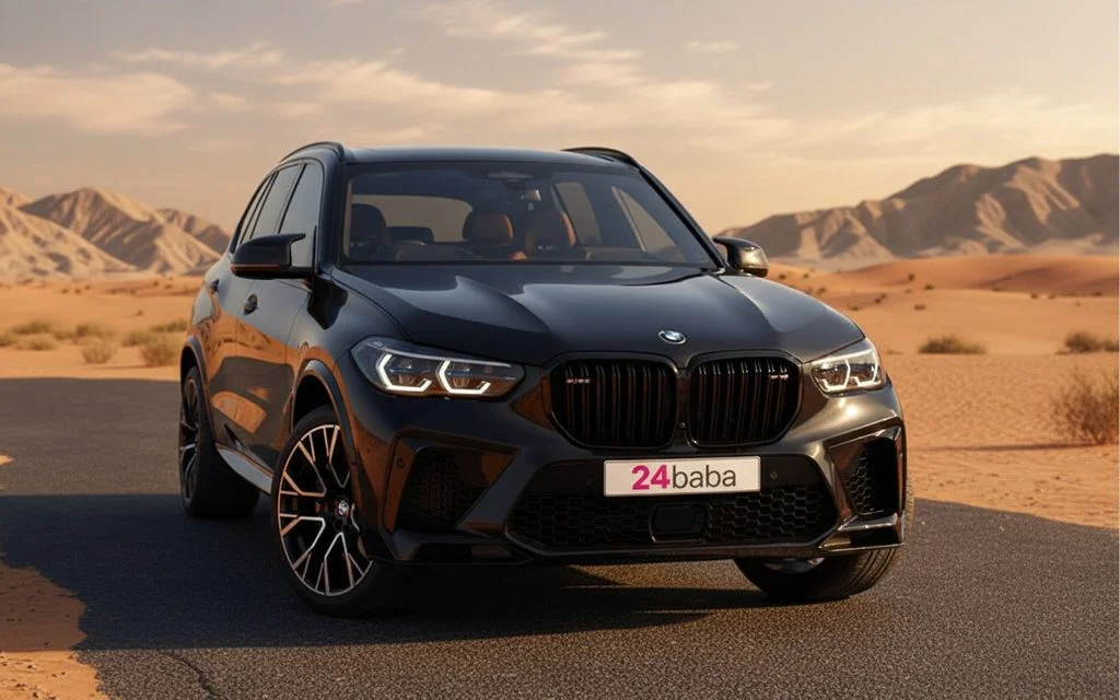Bmw X5M 2022 Black front view with headlights – rental in Dubai