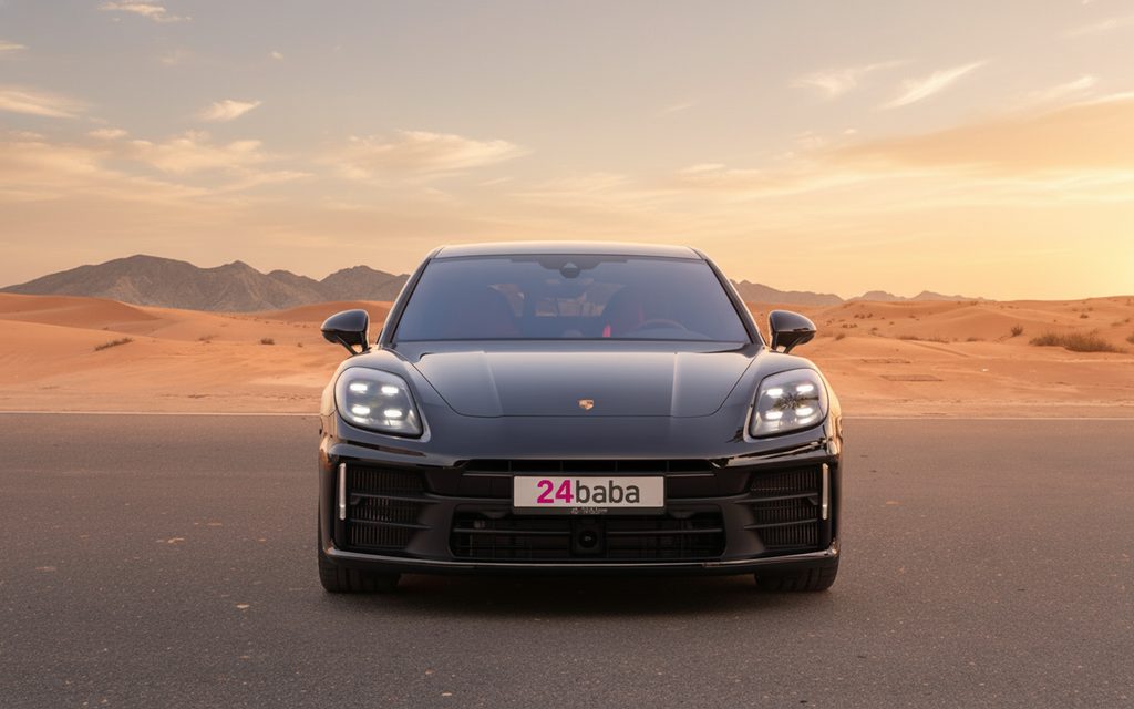 Porsche Panamera 2025 Black front view with headlights
