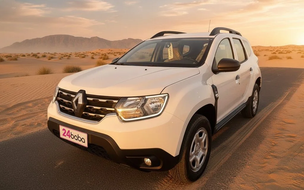 Renault Duster 2023 White front view with headlights – rental in Dubai