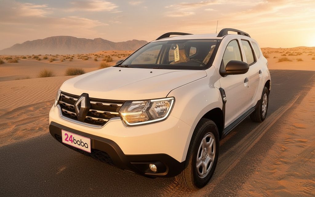 Renault Duster 2023 White front view with headlights – rental in Dubai