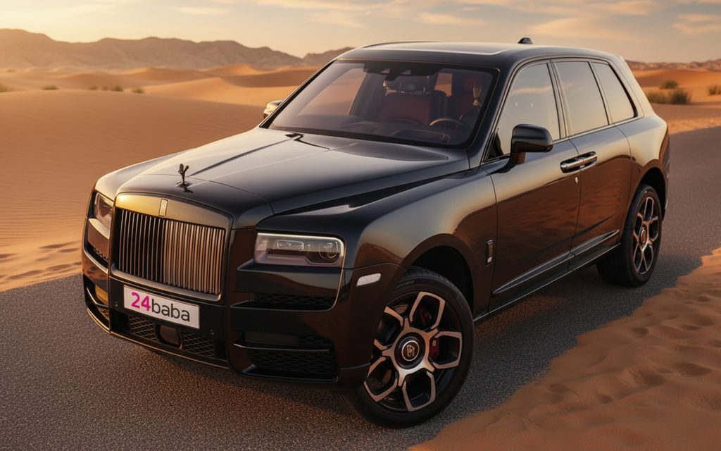 RollsRoyce Cullinan 2021 Black front view with headlights – rental in Dubai