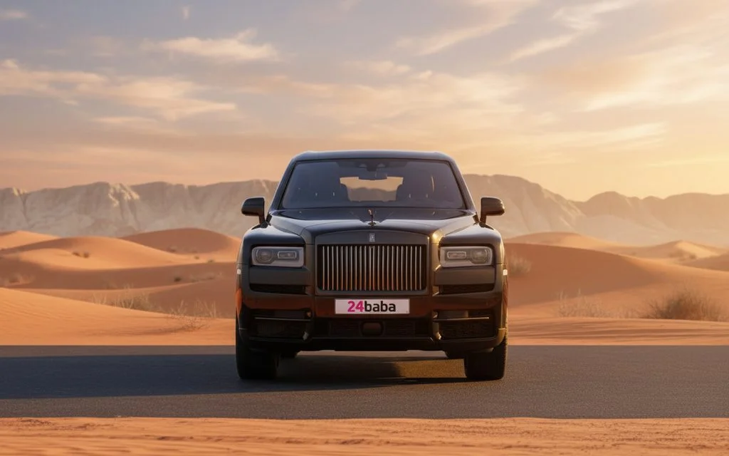 RollsRoyce Cullinan 2021 Black front view with headlights – rental in Dubai