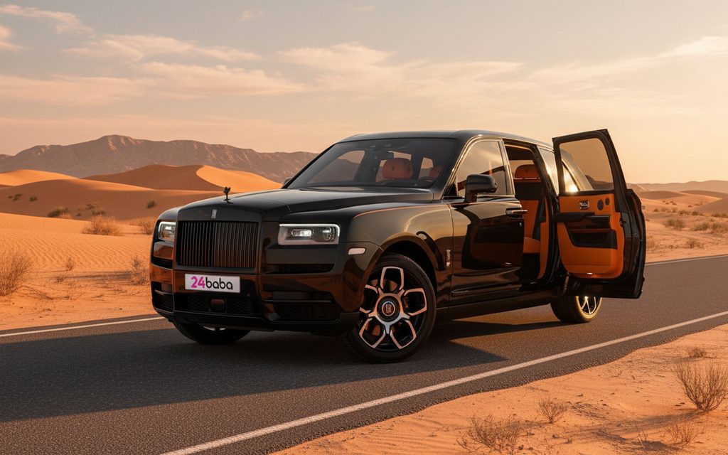 RollsRoyce Cullinan 2024 Black front view with headlights – rental in Dubai