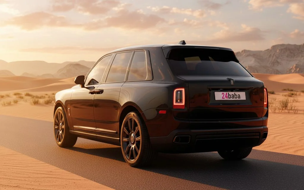 RollsRoyce Cullinan 2024 Black rear view showing taillights – rental in Dubai
