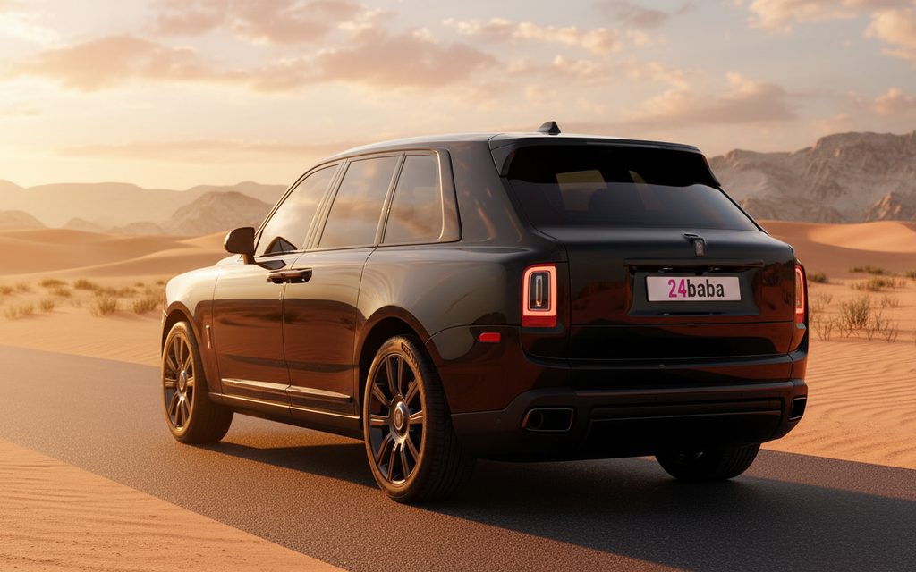 RollsRoyce Cullinan 2024 Black rear view showing taillights – rental in Dubai