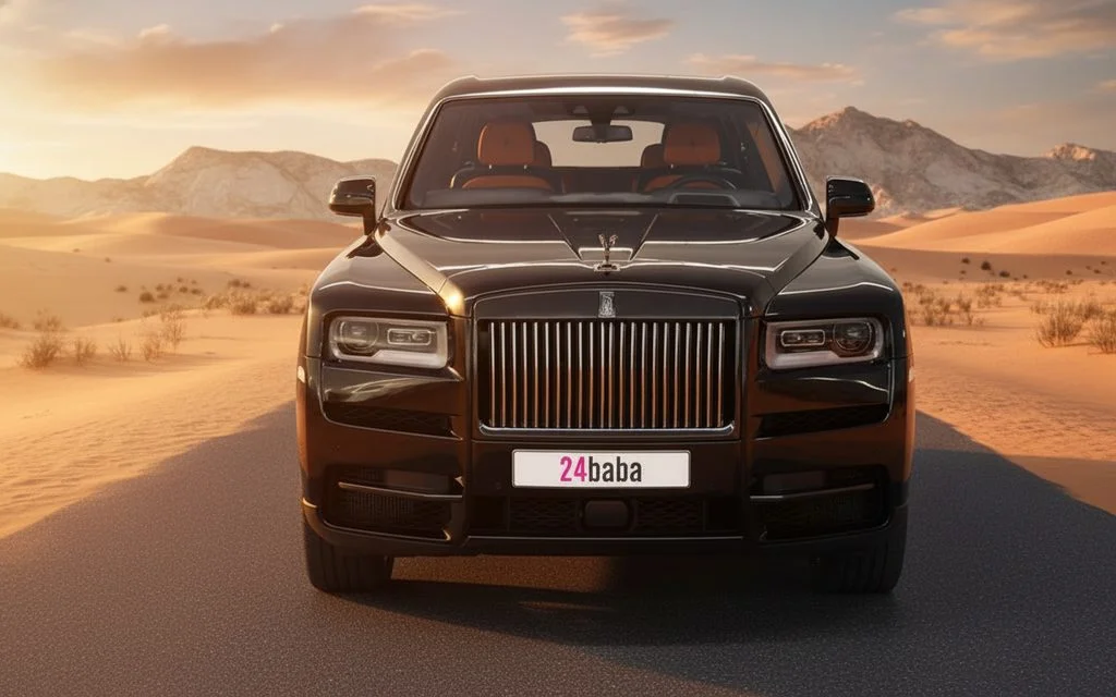 RollsRoyce Cullinan 2024 Black front view with headlights – rental in Dubai