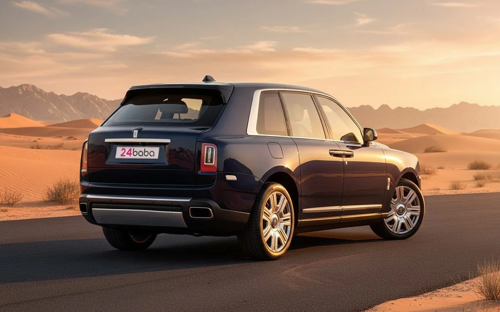RollsRoyce Cullinan 2023 Blue rear view showing taillights – rental in Dubai