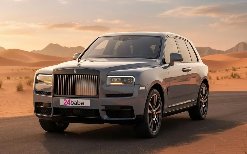 RollsRoyce Cullinan 2024 Grey front view with headlights – rental in Dubai