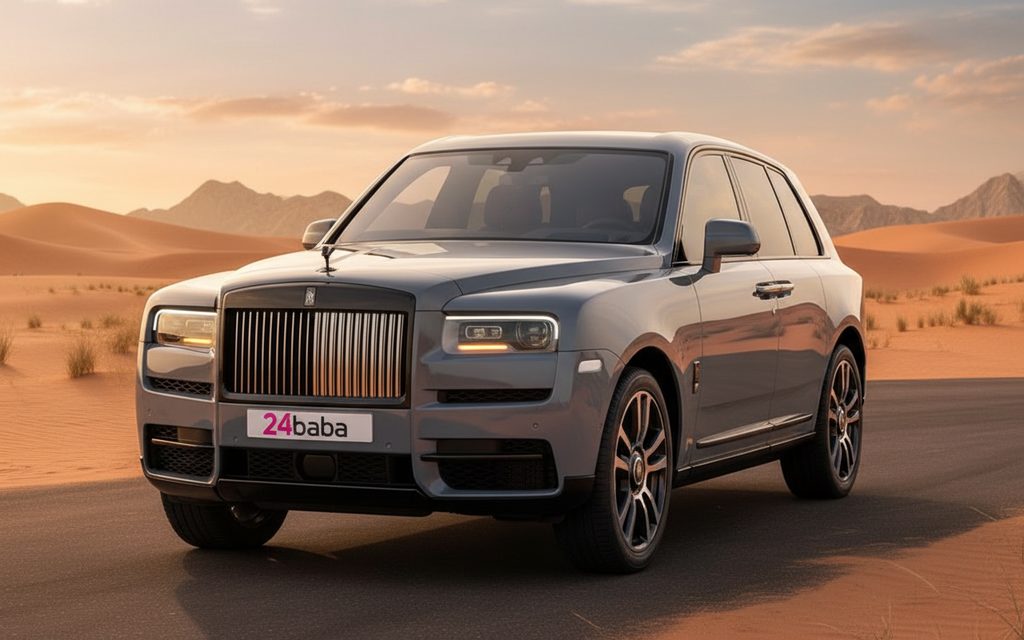 RollsRoyce Cullinan 2024 Grey front view with headlights – rental in Dubai