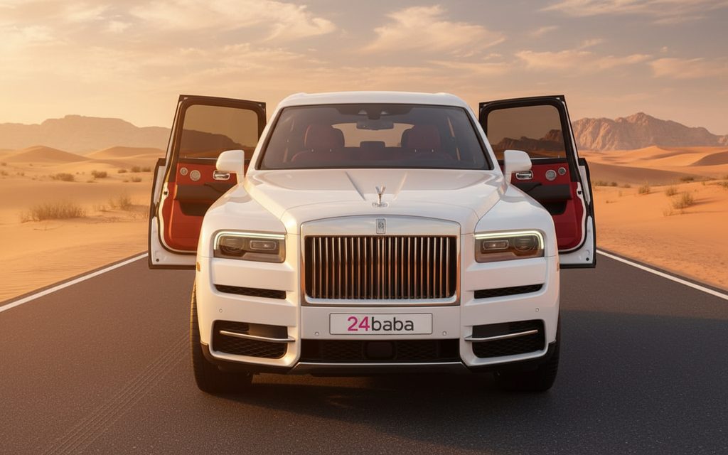 RollsRoyce Cullinan 2023 White front view with headlights – rental in Dubai