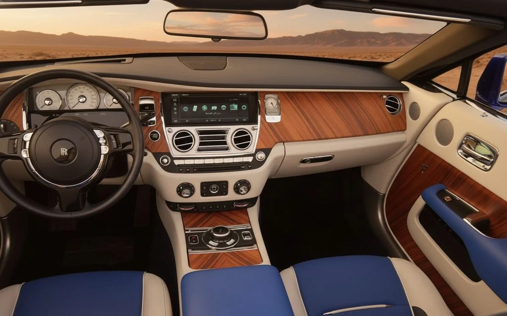RollsRoyce Dawn 2025 interior view showing trim – rental in Dubai