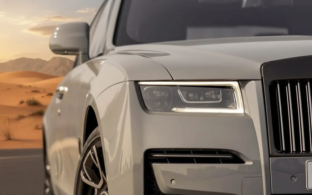 RollsRoyce Ghost 2023 Grey front view with headlights – rental in Dubai