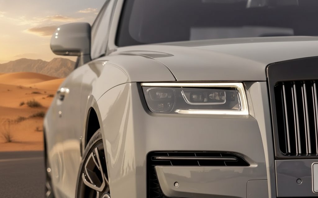 RollsRoyce Ghost 2023 Grey front view with headlights – rental in Dubai