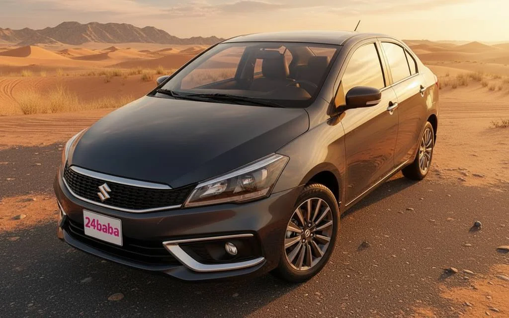 Suzuki Ciaz 2024 Silver front view with headlights – rental in Dubai